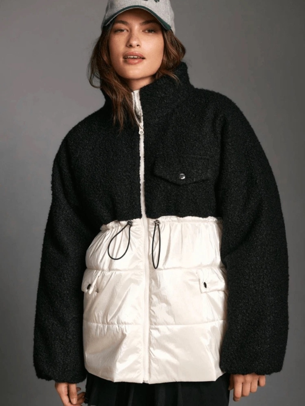 Anthropologie Maeve Nylon Shearling Jacket Black Ivory M